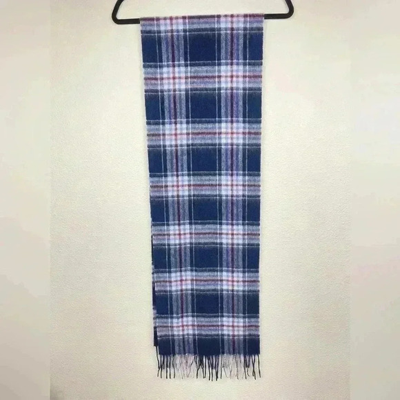 MONOPRIX Unisex One Size 100% Wool Fringe Scarf Blue Plaid Minimalist Essentials - Picture 13 of 13